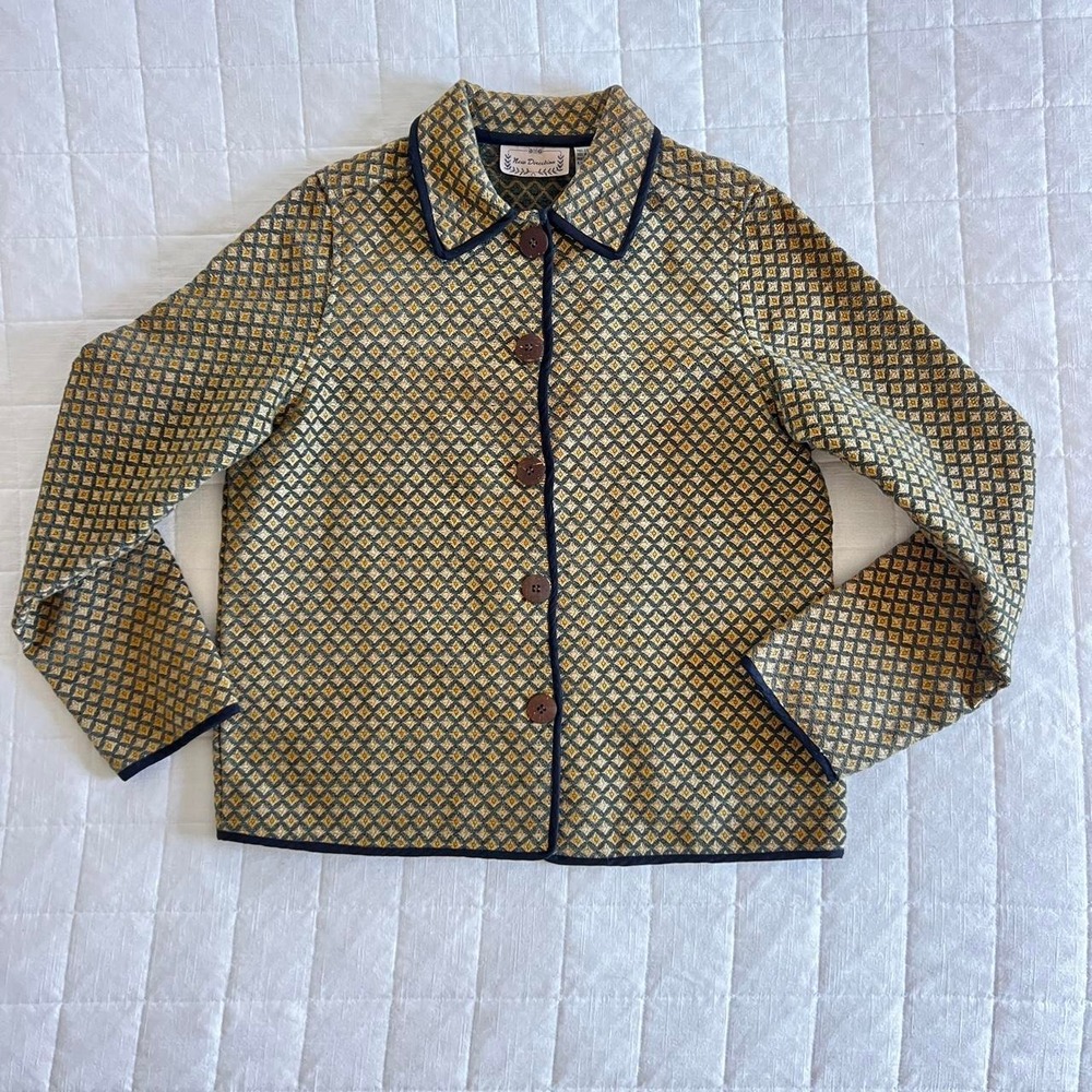 Vintage Womens 90s New Direction Gold Woven Tapestry Blazer Contrast Trim Size M